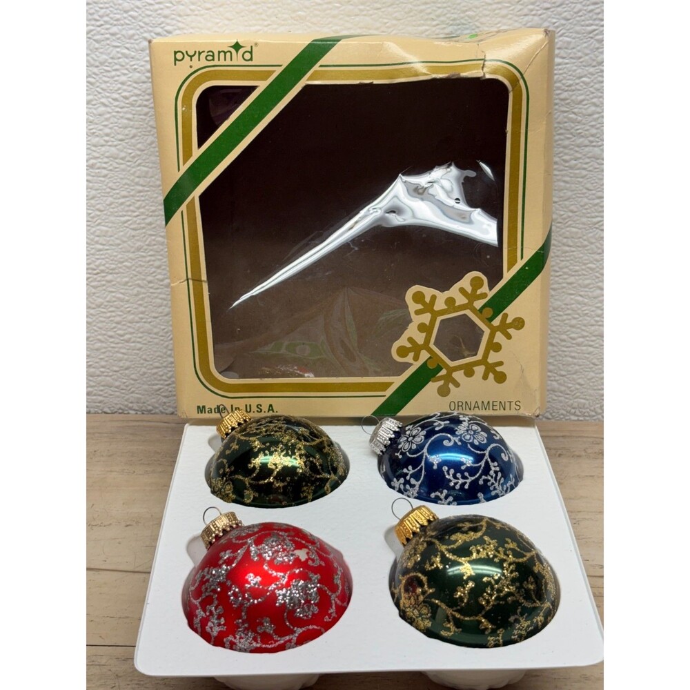 Vtg 1960 Set Of 4 Blown Glass Ball Christmas Tree Ornament Made In West Germany